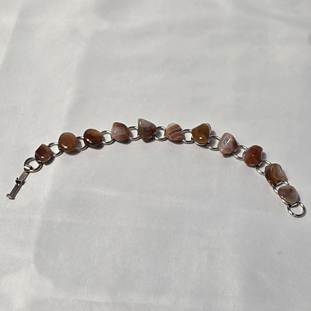 Vintage Silver Tone Link Bracelet Multicolored Natural Tumbled Stones 6.75